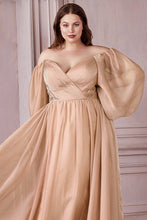 Load image into Gallery viewer, Plus Size Sweetheart Goddess Smoky Blue Off Shoulder Long Sleeve Satin Gown