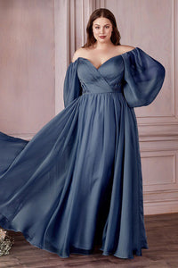 Plus Size Sweetheart Goddess Berry Off Shoulder Long Sleeve Satin Gown