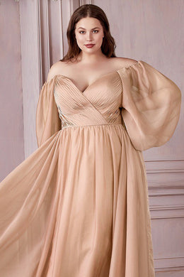 Plus Size Sweetheart Goddess Champagne Off Shoulder Long Sleeve Satin Gown