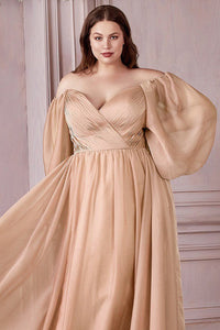 Plus Size Sweetheart Goddess Berry Off Shoulder Long Sleeve Satin Gown