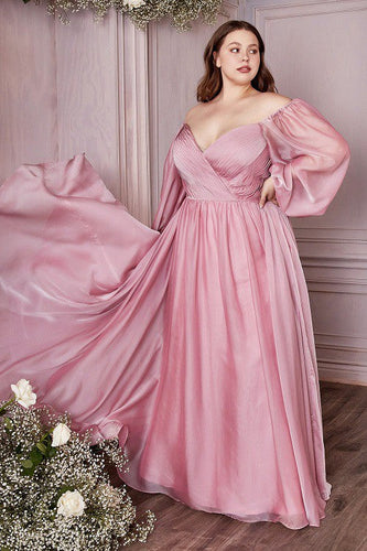 Plus Size Sweetheart Goddess Pink Off Shoulder Long Sleeve Satin Gown