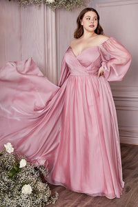 Plus Size Sweetheart Goddess Champagne Off Shoulder Long Sleeve Satin Gown