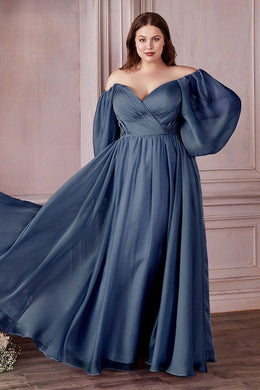 Plus Size Sweetheart Goddess Smoky Blue Off Shoulder Long Sleeve Satin Gown