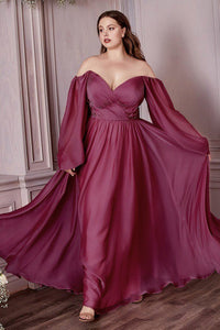 Plus Size Sweetheart Goddess Pink Off Shoulder Long Sleeve Satin Gown