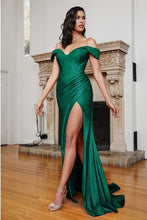 Load image into Gallery viewer, Glitter Emerald Green Off The Shoulder Fitted High Slit Gown