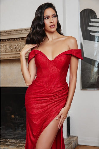 Glitter Red Off The Shoulder Fitted High Slit Gown