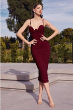 Load image into Gallery viewer, Sweetheart Bustier Hot Pink Ruched Cocktail Midi Dress
