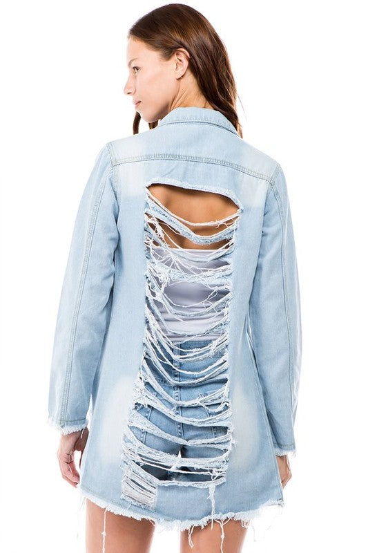 Casual Ripped Light Wash Denim Jacket