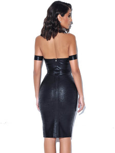 Irreplaceable Black Leather Sweetheart Metallic Bandage Dress