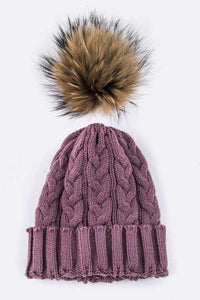 Raccoon Fur PomPom Cable Knit Beanie