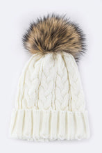 Load image into Gallery viewer, Raccoon Fur PomPom Cable Knit Beanie