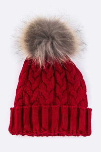 Raccoon Fur PomPom Cable Knit Beanie