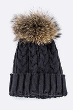 Load image into Gallery viewer, Raccoon Fur PomPom Cable Knit Beanie