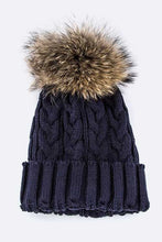 Load image into Gallery viewer, Raccoon Fur PomPom Cable Knit Beanie