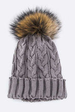 Load image into Gallery viewer, Raccoon Fur PomPom Cable Knit Beanie