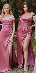 Lovely Mauve Rose Satin Off Shoulder Corset Style Gown