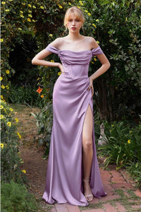 Lovely Lavender Purple Satin Off Shoulder Corset Style Gown