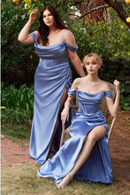 Load image into Gallery viewer, Lovely Smoky Blue Satin Off Shoulder Corset Style Gown