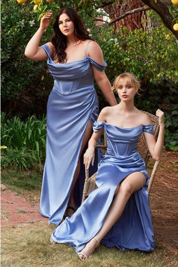 Lovely Smoky Blue Satin Off Shoulder Corset Style Gown