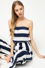 Load image into Gallery viewer, Navy &amp; White Striped Strapless Jumpsuit