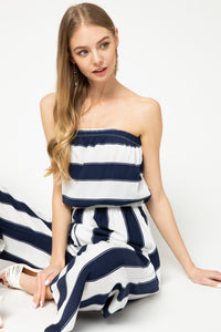 Navy & White Striped Strapless Jumpsuit