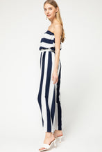 Load image into Gallery viewer, Navy &amp; White Striped Strapless Jumpsuit