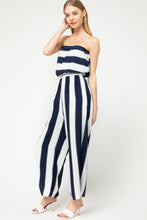 Load image into Gallery viewer, Navy &amp; White Striped Strapless Jumpsuit