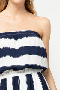 Navy & White Striped Strapless Jumpsuit