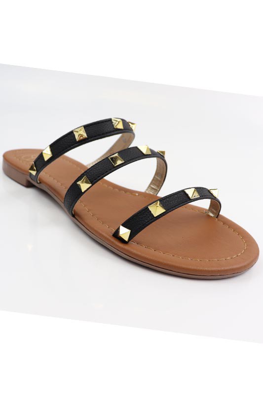 Black Three strap Studded Sandals