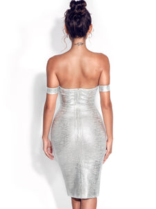Irreplaceable Off Shoulder Silver Metallic Bandage Dress