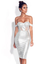 Load image into Gallery viewer, Irreplaceable Off Shoulder Silver Metallic Bandage Dress