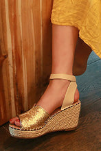 Load image into Gallery viewer, Matte Gold Platform Wedge Espadrille Heels