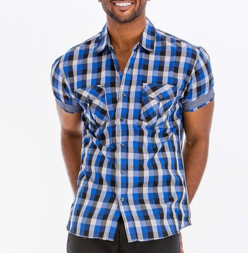 Mens Checkered Blue Button Down Shirt