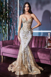 Embroidered Fantasy Gold Sequined Sleeveless Mermaid Gown