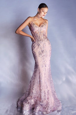 Embroidered Fantasy Rose Pink Sequined Sleeveless Mermaid Gown