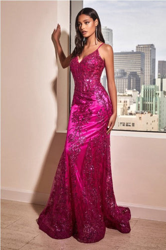 Embroidered Fantasy Magenta Sequined Sleeveless Mermaid Gown