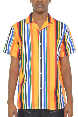 Men's Orange Striped Short Sleeve Collared Shirt