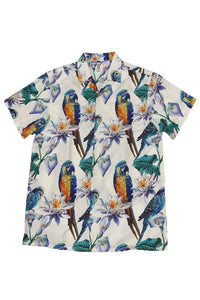 Men's White Tucan Parrot Print Resort Button Shirt