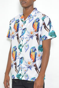 Men's White Tucan Parrot Print Resort Button Shirt