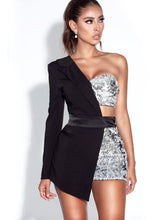 Load image into Gallery viewer, Skyler Black &amp; Silver Sequin One Sleeve Blazer Romper