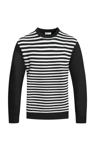 Men's Black & White Knitted Striped Long Sleeve Sweater