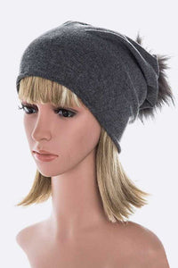 Oversize Raccoon Fur Pom Cotton Slouchy Beanie