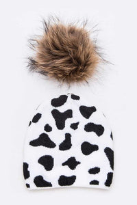 Mix Print Raccoon Fur Pom Iconic Beanie