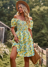 Load image into Gallery viewer, Boho Floral Yellow Square Neck Short Sleeve Dress