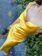 Load image into Gallery viewer, Satin Draped Yellow Cocktail Party Midi Dress