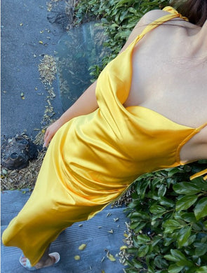 Satin Draped Yellow Cocktail Party Midi Dress