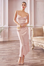 Load image into Gallery viewer, Satin Draped Champagne Pink Cocktail Party Midi Dress