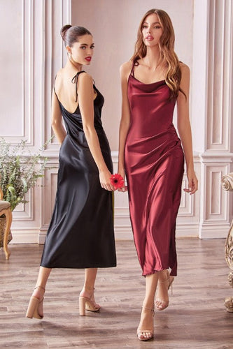 Satin Draped Burgundy Red Cocktail Party Midi Dress