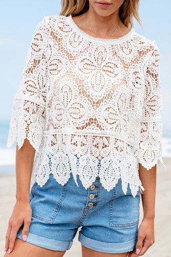 White Bohemian Lace Crochet Half Sleeve Blouse