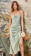 Load image into Gallery viewer, Satin Draped Emerald Green Cocktail Party Midi Dress